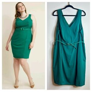 Modcloth 2X Emerald Green Sleeveless Midi Dress Retro Madmen Plus Size Bow Belt
